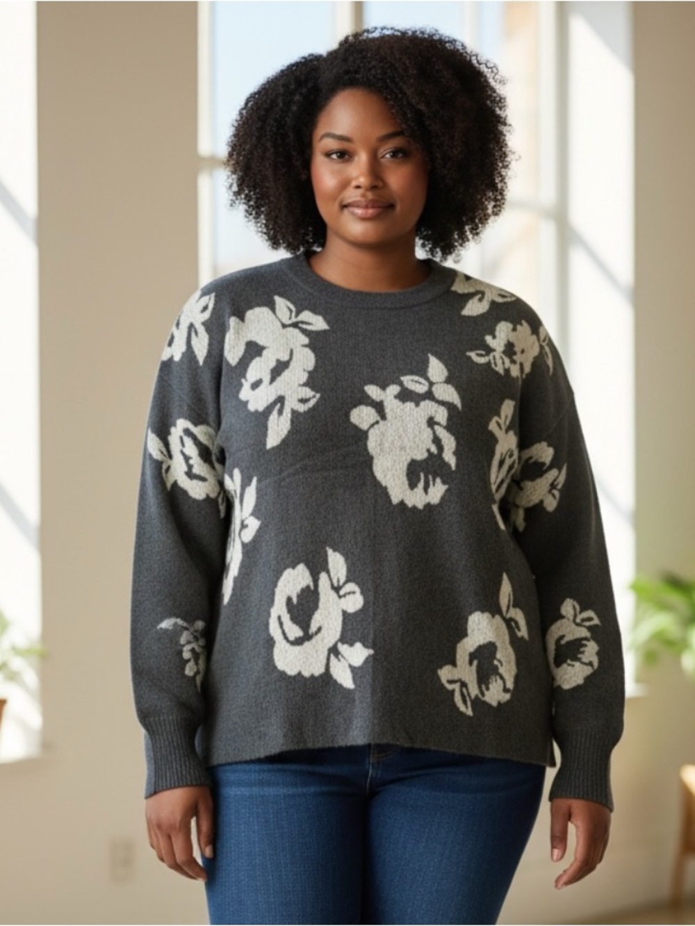 Reitmans Charcoal Crewneck Sweater with Cream Floral Jacquard